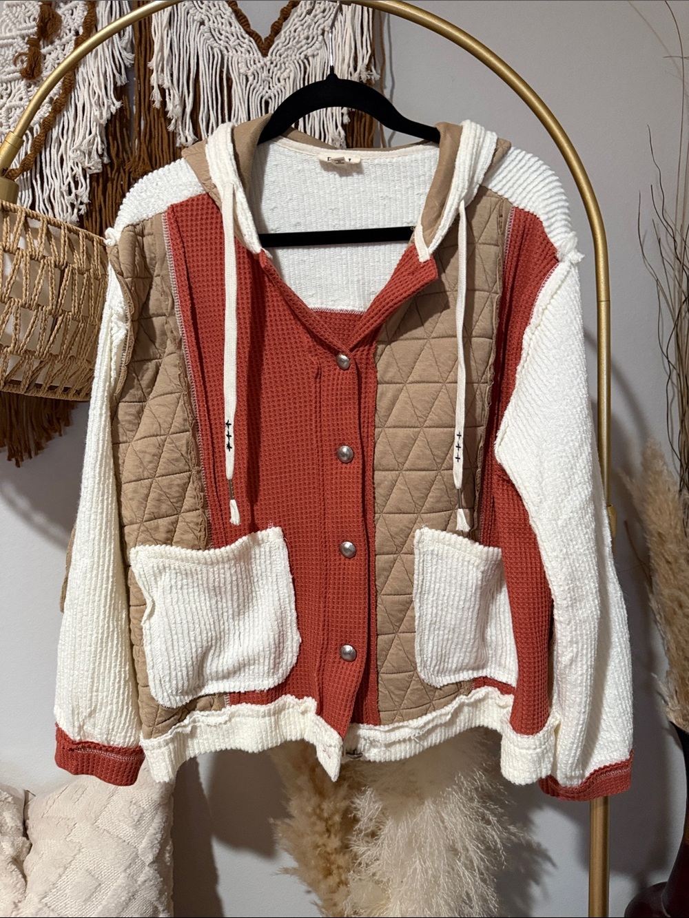 POL Quilted Knit Hooded Cardigan in Rust, Cream & Tan